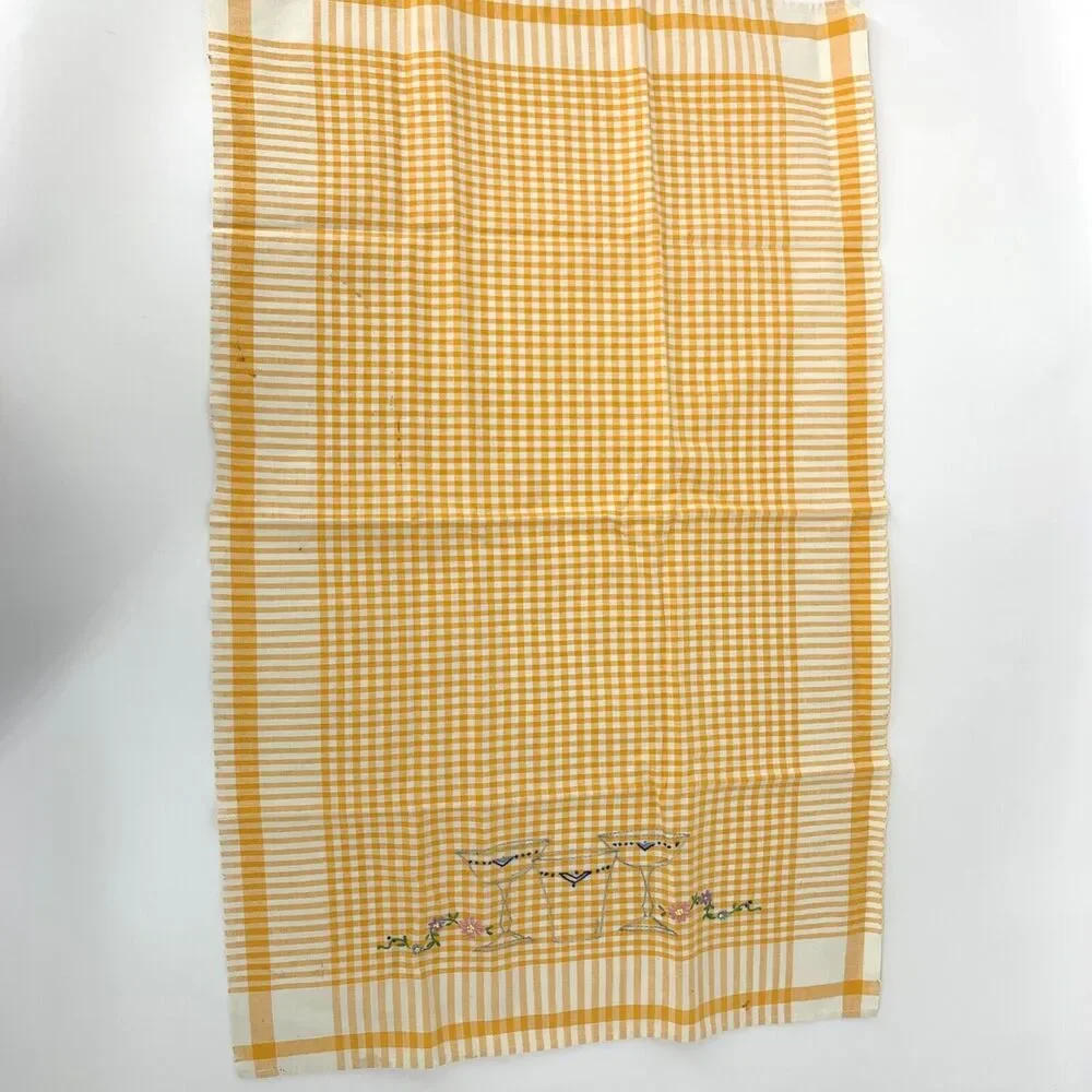 Vintage Gold Gingham Kitchen Towel Hand Embroidered Drinks and Floral Flowers